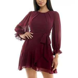 B Darlin Juniors' Asymmetrical-Ruffle a-line Dress Burgandy Wine 13/14  W29V451
